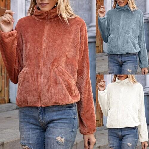 2021 Winter Warm Solid Plush Zip Up Jacket For Women Flannel Teddy Coat Tops Outerwear Sweatshirt Quilted Coats Blouse manteau