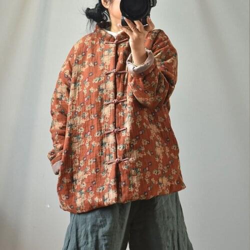 Johnature Women Cotton Linen Parkas Print Floral Vintage Coats 2020 Winter New Button Stand Long Sleeve Female Warm Parkas Coats