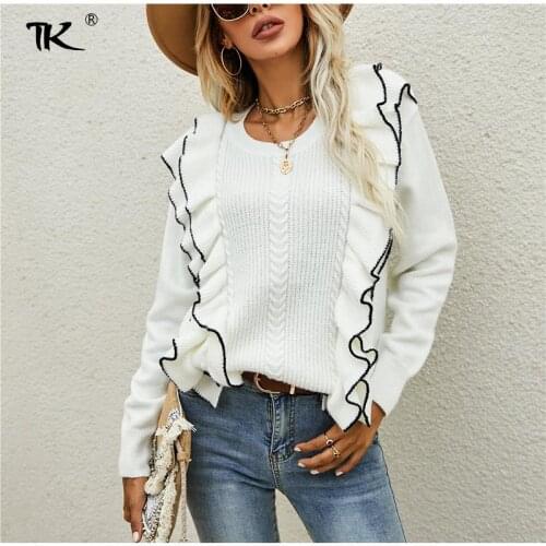 Womens White Knitted Ruffles Sweater Pullover Ruched Long Sleeve Sweaters Girls 2021 Autumn Winter New Fashion Ladies Knitwear