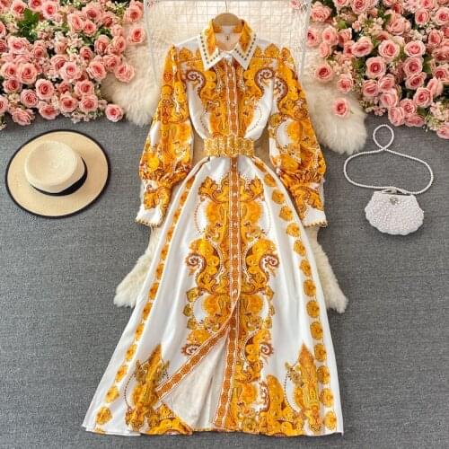 Amolapha Western Style Women High-end Autumn New Retro Elegant Printed Single Breasted Big Swing Long Dress With Sashes