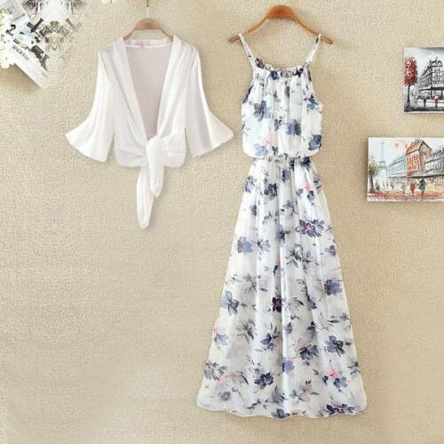 Fashion 2021 Women Loose Chiffon Floral Print Suspender Dress with Out Wear Two Piece Suit Summer Female Beach Dresses Sets Q225