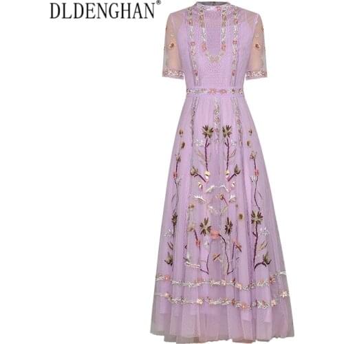 DLINGHAN Designer O-neck Short Sleeve Mesh Perspective Embroidery Flower Midi Mesh Dress New Summer 2020 Vestidos Robe New