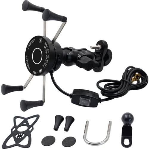 Motorcycle Phone QC3.0 USB Qi Fast Charging Wireless Charger 9-30v Bracket Holder 360 Rotation Motorcycle Bicycle Handlebar