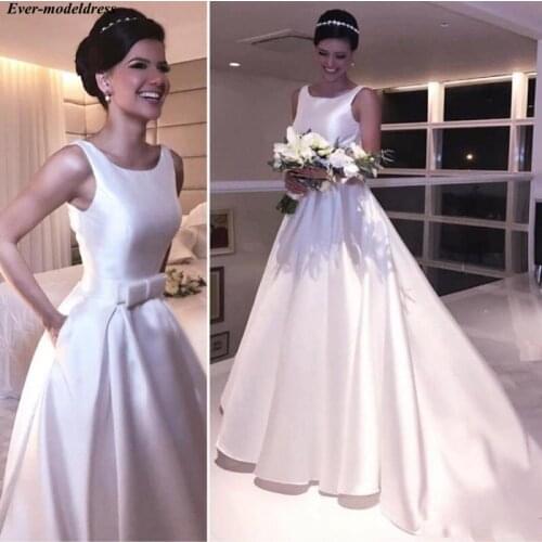 Elegant Satin Wedding Dresses 2019 A-Line O-Neck Zipper Back Sweep Train Bow Plus Size Customized Bridal Dresses Robe De Mariee