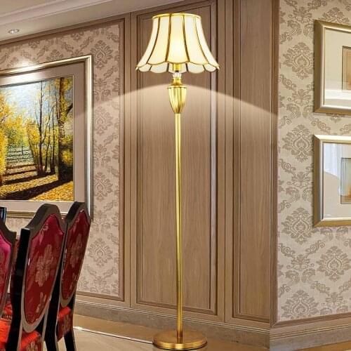 European floor lamp living room sofa bedroom study light bedside lamp American vertical table lamp full copper floor lamp glass