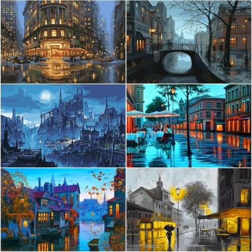 GATYZTORY Paint By Numbers Small Town Street Scenery Kits Drawing Canvas HandPainted Gift DIY Oil Painting Night Landscape Pictu