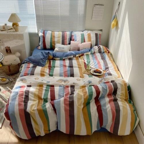 Bedding Set 60S Girl Heart Duvet Cover Sheet Four-piece Set Painted Cartoon Small Fresh Cotton Stripe Printed Bed Set