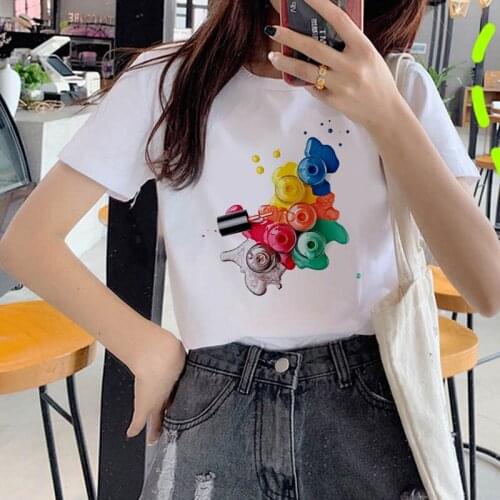 Nail Polish Printed T Shirt Women 90s Graphic T-shirt O-neck Girl Short Sleeve Harajuku T shirt White Tops Female Tops