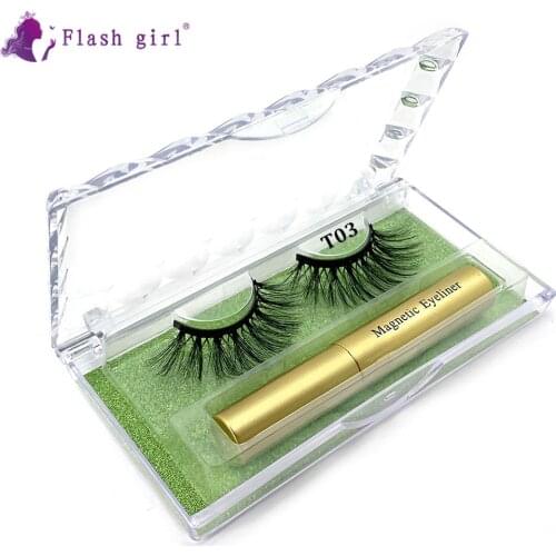 Flash girl T03 1pair 5D mink Magnetic Eyelashes crystal box Magnetic Liquid Eyeliner Magnetic False E