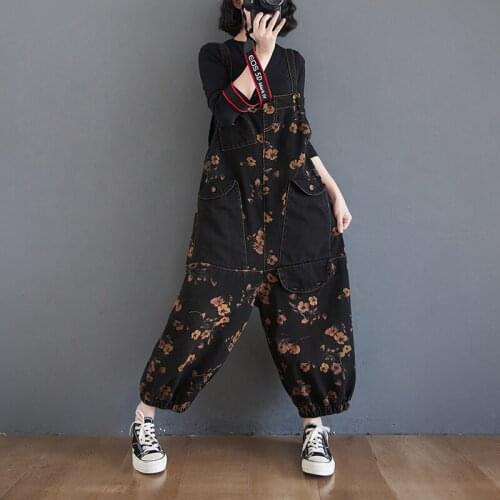 Fashion 2021 Women Printed Floral Rompers Overalls Pockets Black Washed Jeans Long Harem Pants Plus Size Denim Jumpsuits Strap