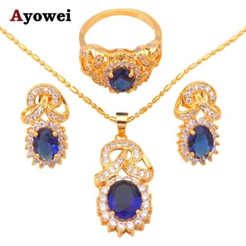 Fashion Jewelry Gold Tone Blue Crystal Zircon best quality Earrings Necklace Ring Sz #8 #9 #7 Jewelry sets JS431A