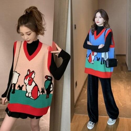 New Sweaters Women V-neck Leisure Kawaii Cartoon High Quality Sleeveless Sweater Student All-match Womens Korean Trendy Clothing