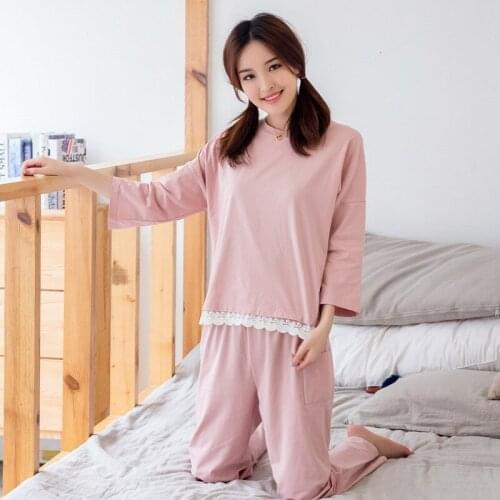 New Lace Womens Autumn 100% Cotton Long Sleeves + Trousers Pajamas Set Female Round Neck Comfortable Sleepwear Home Wear Set