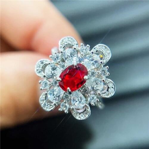 Charming Crystal Red Flower Rings Women Jewelry Adjustable Sparkling Girls Bridal Wedding Ring For Princess Accessories Gift