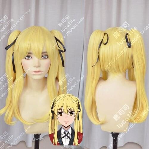 Kakegurui Mary Saotome Meari Blonde Clip Ponytails Heat Resistant Synthetic Hair Cosplay Anime Wig + Silk Black Ribbon + Wig Cap