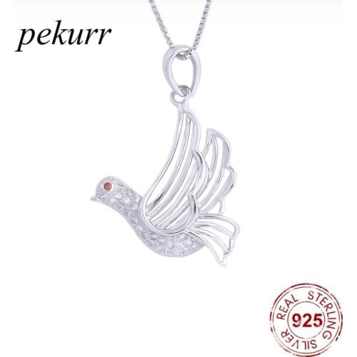 Pekurr 925 Sterling Silver Zircon Peace Dove Pigeon Female Pendants Hollow Bird Necklaces For Women Long Chain Fashion Jewelry