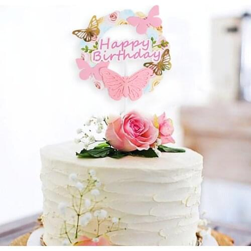 Pink paper butterfly cake toppers happy birthday LOVE cake topper decor kids birthday party wedding baby shower party supplie