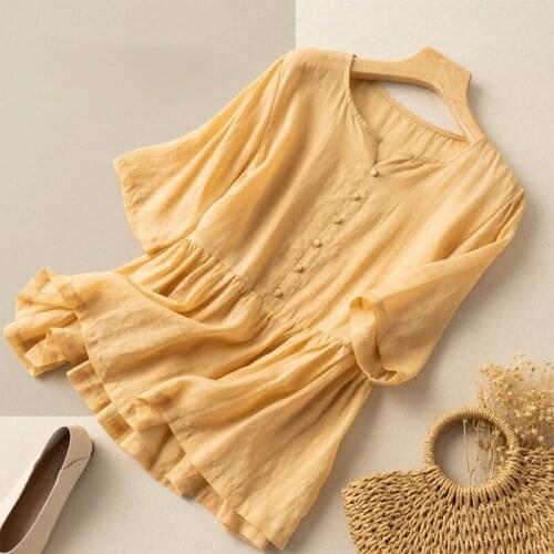 Cotton Linen Women Shirts Summer Vintage 2021 Loose Half Sleeved Slim Pleated Solid Elegant Office Lady Outwear Tops