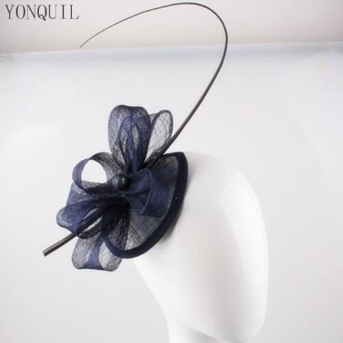 Navy Sinamay Fascinator Hat Base with Ostrich Quill Strip Bridal Wedding Hats Party Hairclips Cocktail Headwear Hair Accessories