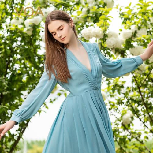 VOA Autumn New Product Silk Georgette Ice Blue V-neck Side Pull Shirt Sleeve Literary Solid Color Mid-length Women Dress AE1057