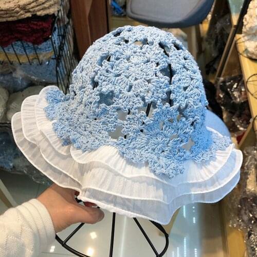 Knitted hat flower lace handmade crochet ladies flower pot hat spring and autumn foldable fisherman hat casual painter hat