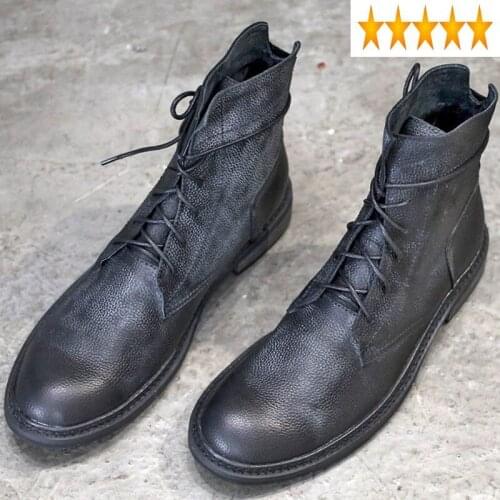 Autumn Harajuku High New Top Mens Motorcycle Boots British Fashion Lace Up Round Toe Male Genuine Leather Cargo Flat Booties