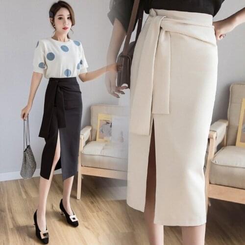 Black Womens long skirts spring & summer new mid-length straight pencil skirt lace-up Mid-Calf high waist office lady BSQ167