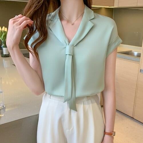 Women Blouses Top Short Sleeve Shirt Bowknot Chiffon Solid Color Top Summer Blusas Mujer De Moda 2021 Verano Elegantes