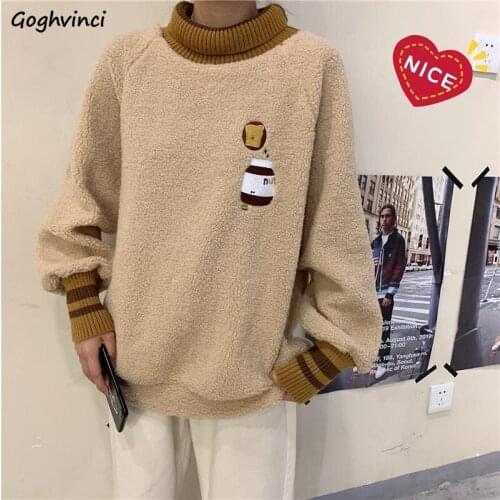 Women No Hat Hoodies Sweatshirts Turtleneck Lambswool Korean Fashion Trendy Warm Soft Casual Cartoon Sweet Lovely Fake 2 Piece