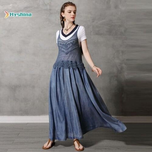 Womens New Denim Dress Suspender Long Skirt with Lace Stitching Dress