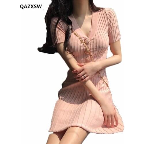 2019 New Women Knit Dress Wild Korean Temperament Slim Thin V-neck Waist Pleated Knit Short-sleeved Dress Summer SY052