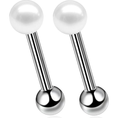 2Pcs Steel Lip Tongue Ear Stud Septum Piercing White Pearl Ball Threaded Studs Cartilage Earrings Tragus Piercing Body Jewelry