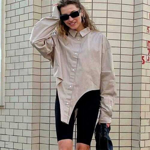 2021 Streetwear Side Irregular POLO Button Up Shirt Women Tops Mujer Solid Khaki Vintage Fashion Sexy Ladies Tops Korean Fashion