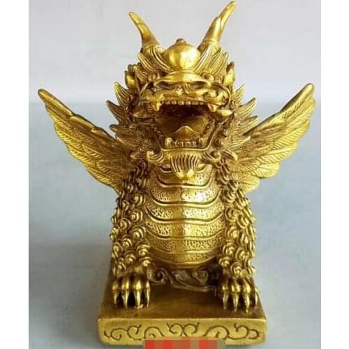 4.8“rare China Fengshui copper Wing Qilin statue