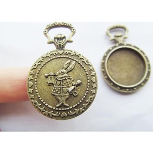 50pcs Antique Silver/Antique Bronze Vintage Rabbit Pocket Watch Base Setting Pendant Charm,20mm Cabochon/Cameo Tray Bezel