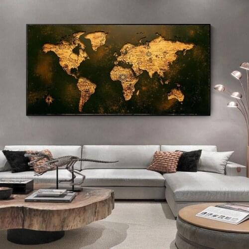 Abstract Golden World Map Canvas Painting Poster and Prints Retro Style Maps Hanging Pictures for Home Living Room Decoration