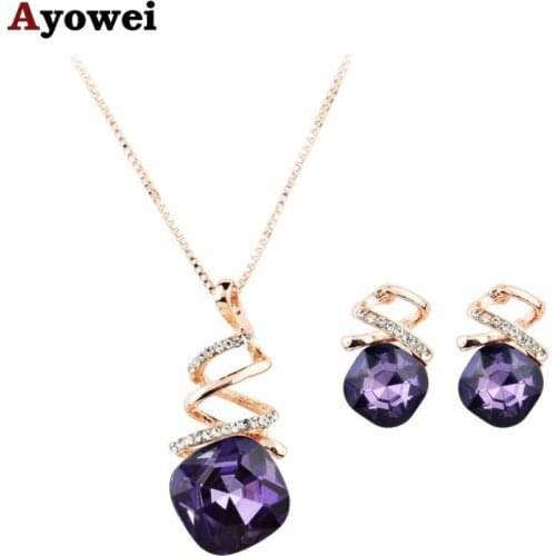 Ayowei Simple Style Purple Zircon Rose Gold Set Spring Carnival Pendant Necklace Earrings Fashion Anniversary Gift JS820A