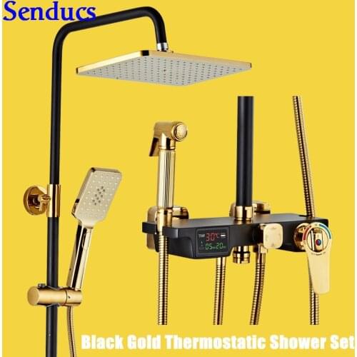 Senducs Digital Shower Set Luxury Intelligent Thermostatic Bathroom Shower System Quality Brass Bathtub Faucet Gold Shower Set