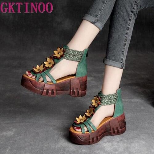 GKTINOO High Heels Sandals Genuine Leather Women Shoes 2021 New Summer Retro Zip Wedges Casual Flower Platform Ladies Sandals
