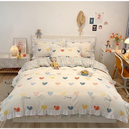3/4 Piece Home Textile Reversible Heart Fruits Pattern Print Duvet Cover Bedding Set for Girls with Bedskirt and Pillowcases
