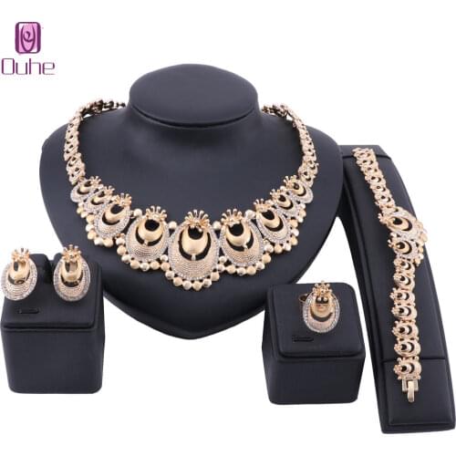 Fashion Dubai Gold Color Crystal wedding Jewelry Set Nigerian Wedding African Beads Earrings Necklace Ring Bangle Jewelry set