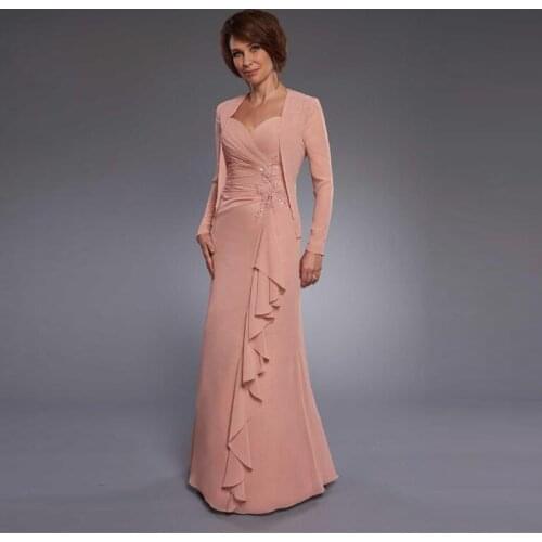 Latest Charming Blush Chiffon Lace Cap Sleeves Mother of the Bride Dresses With Jacket Wedding Party Gowns Applique Beaded 2021