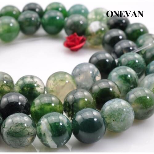ONEVAN Natural A+ Moss Grass Agate Beads 8mm Smooth Loose Round Stone Diy Bracelet Necklace Jewelry Making Gemstone Gift Design