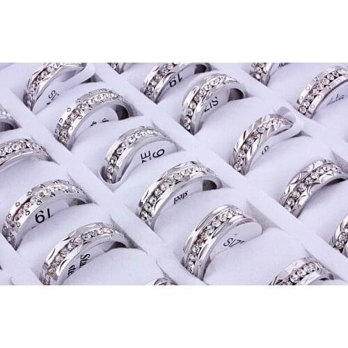 Wholesale Bulk Job 10Pcs 6MM Silver Cubic Zirconia 316L Stainless Steel Ring Band Wedding Engagement Party Valentine Gift FREE