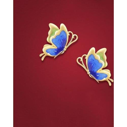 Cloisonne Enamel Fairy Butterfly Burnt Blue Retro Stud Earrings Womens Sterling Silver Suitable for round Faces Exquisite Slimm