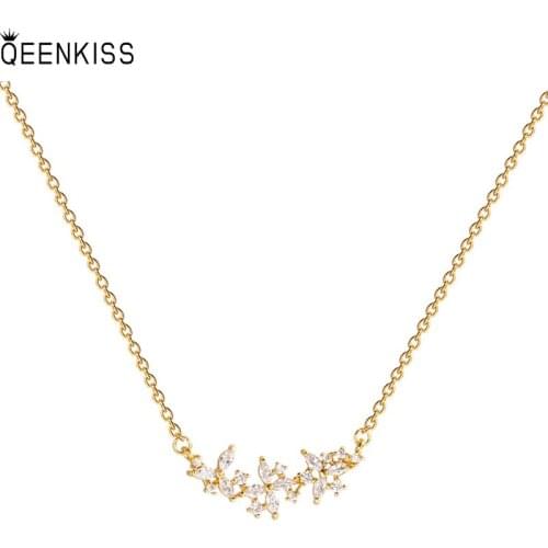 QEENKISS NC758 Fine Jewelry Wholesale Fashion Trendy Woman Birthday Wedding Gift Flower AAA Zircon 18KT Gold Pendant Necklace