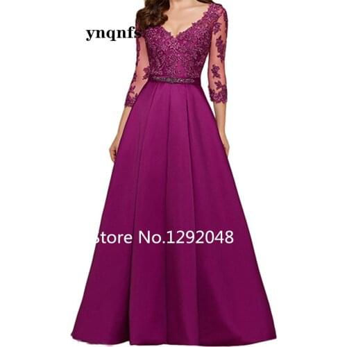 Long mother formal dress, applique and beaded three-quarter sleeves, shoulder to floor, plus size rose red V-neck evening dress
