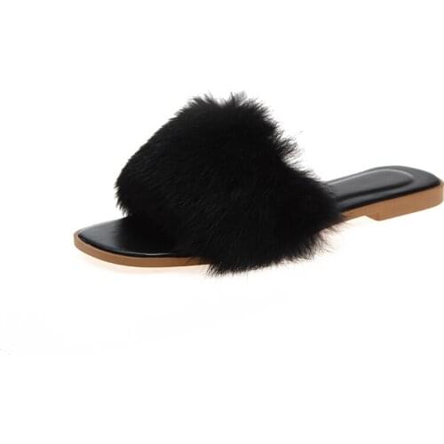 Summer Ladies Colorful Fox Fur Fluffy Slippers Womens Lovely Plush Real Fox Hair Slides Party Furry Flip Flops Womens Sandals