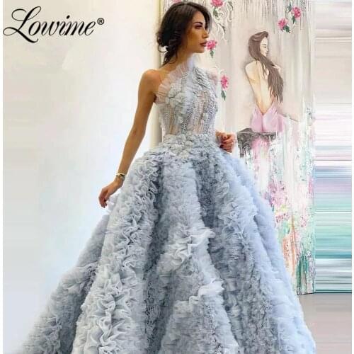 Light Blue One Shoulder Prom Dresses A Line Long Party Gown Celebrity Dresses Arabic Beaded Tiered Amazing Evening Dress 2021