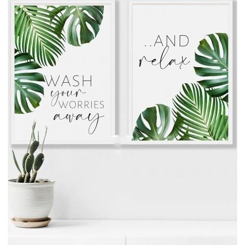 Wash Your Worries Away and Relax Quote Wall Art Canvas Print And Poster Bathroom Leaf Prints Canvas Painting Home Decoration